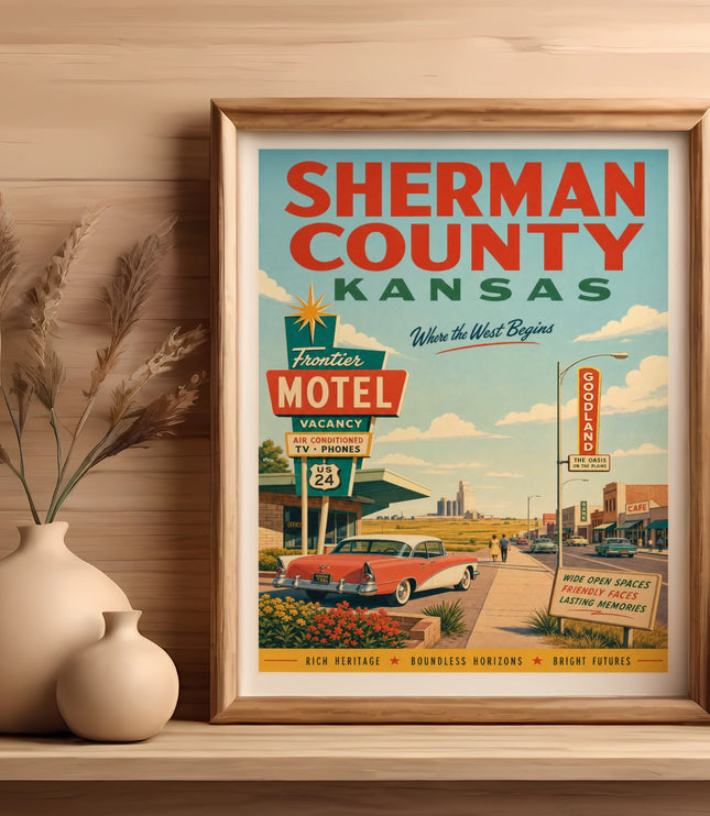 Sherman County Kansas vintage travel poster featuring a motel and car.