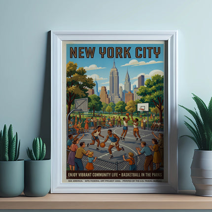 New York City WPA poster showing people playing basketball in a park.