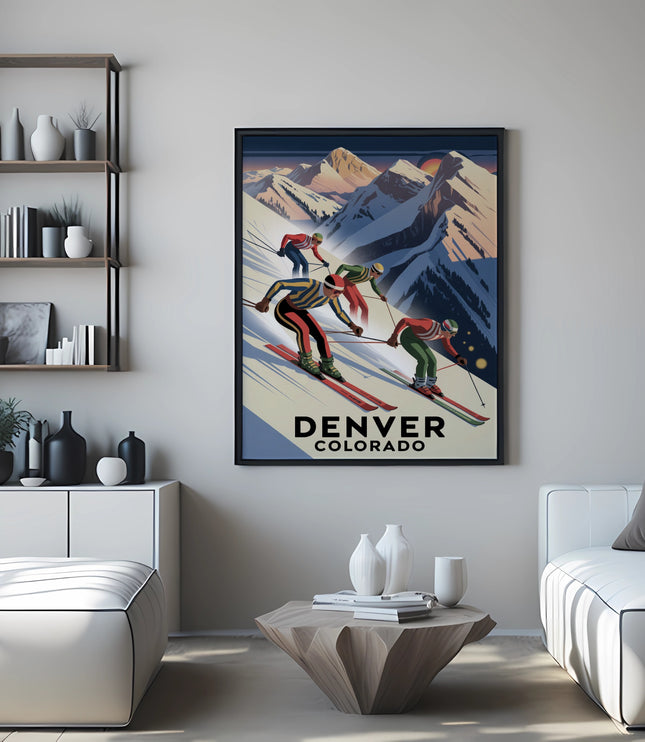 Vintage poster with skiers on a mountain, text "DENVER COLORADO".