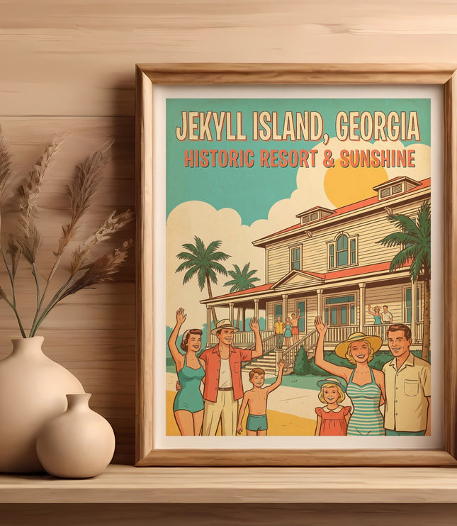 Jekyll Island, Georgia historic resort and sunshine poster with happy family and vintage house.