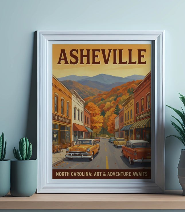 Asheville North Carolina vintage poster with autumn mountain scene and cars.