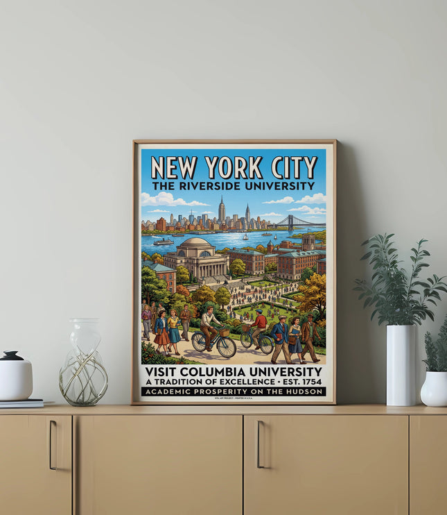 New York City poster showing Columbia University, skyline, and people.