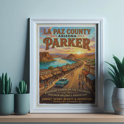 Vintage poster of Parker, Arizona, with text about Riverside Charm on the Colorado River.