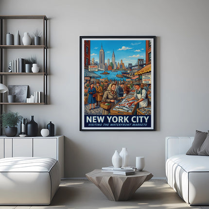 New York City waterfront market poster with "Sam's Seafood Market" and "Pier 17".