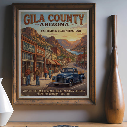 Gila County Arizona vintage travel poster with historic town and landscape.