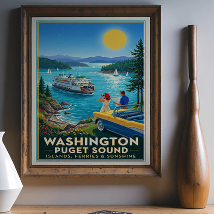Framed poster of Washington Puget Sound with a ferry, islands, and a vintage car.
