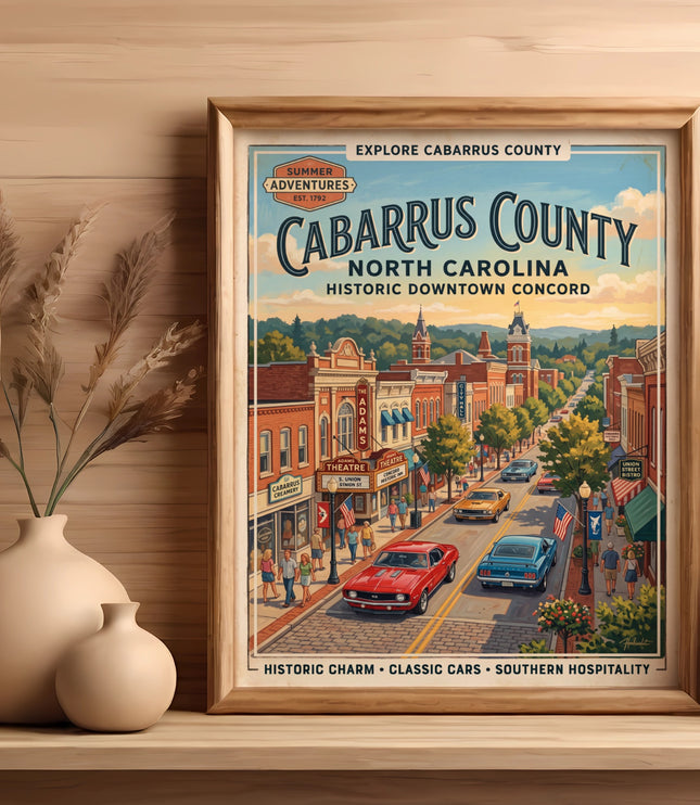 Poster featuring Cabarrus County, North Carolina downtown Concord with classic cars.
