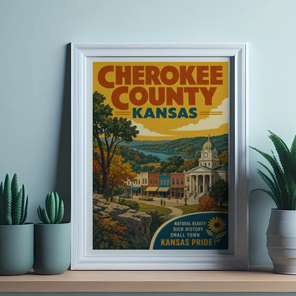 Cherokee County, Kansas poster with town scene and rolling hills.