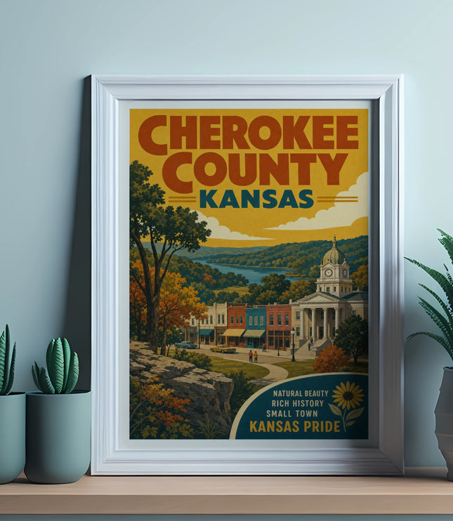 Cherokee County, Kansas poster with town scene and rolling hills.