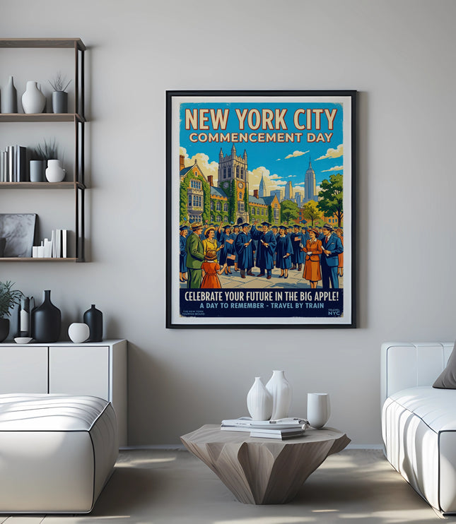 New York City Commencement Day poster showing graduates and city skyline.