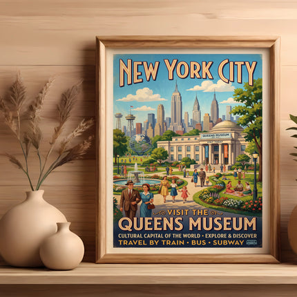 New York City Queens Museum travel poster with skyline and people.