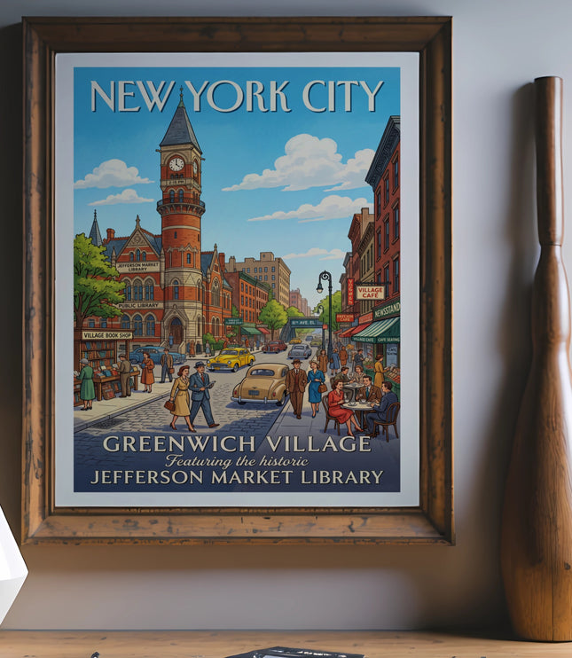 New York City Greenwich Village poster featuring Jefferson Market Library and clock tower.