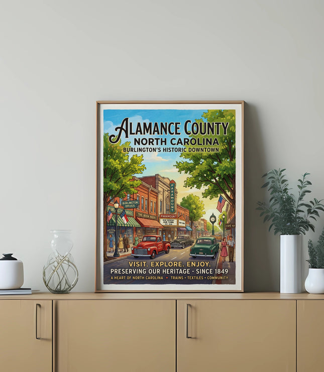 Artwork of Alamance County, North Carolina historic downtown with text.