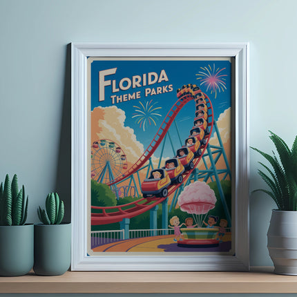 Framed retro poster of Florida theme parks with roller coaster and Ferris wheel.