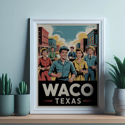 Framed poster with vintage-style illustration of people and "Waco Texas" text.