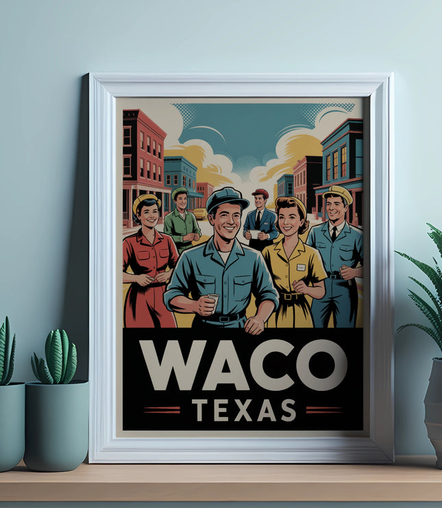 Framed poster with vintage-style illustration of people and "Waco Texas" text.