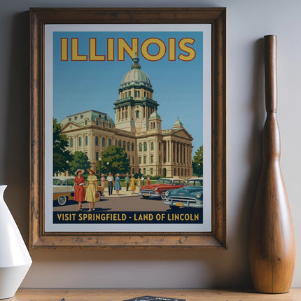 Vintage Illinois travel poster featuring the Capitol building and cars.