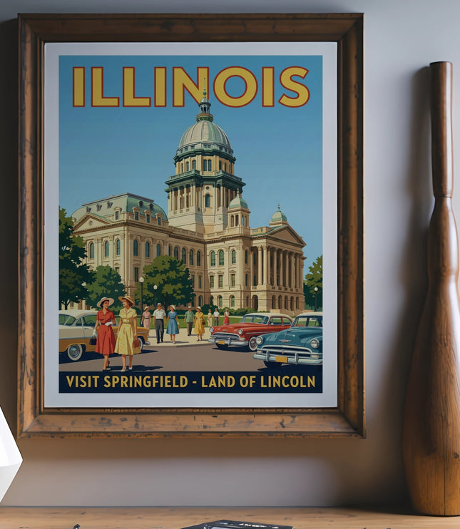 Vintage Illinois travel poster featuring the Capitol building and cars.
