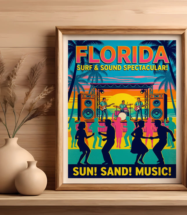 Framed poster: Florida Surf & Sound Spectacular with band and dancing crowd.