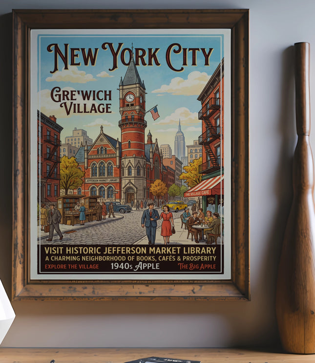 New York City Greenwich Village vintage poster with Jefferson Market Library and cafes.