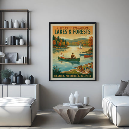 Vintage poster of Pennsylvania lakes and forests with people canoeing and picnicking.
