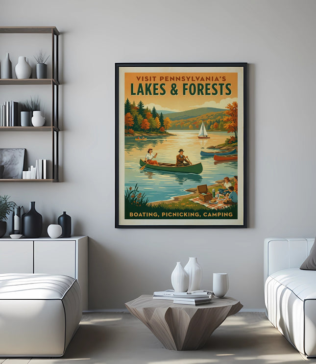 Vintage poster of Pennsylvania lakes and forests with people canoeing and picnicking.