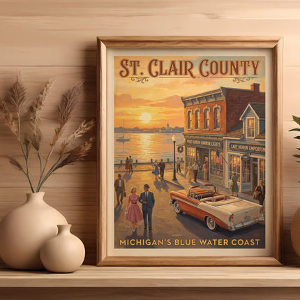 Vintaged framed art shows "St. Clair County Michigan's Blue Water Coast" scene with cars.