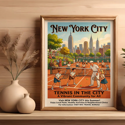 New York City poster featuring tennis players and city skyline.