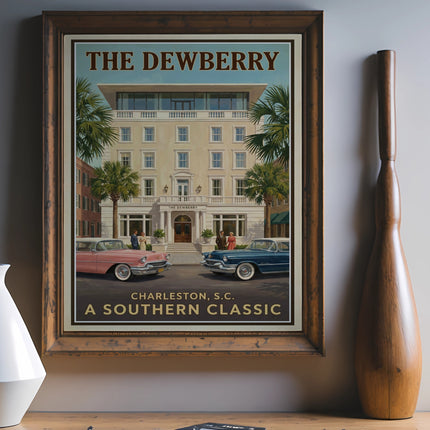 The Dewberry hotel poster featuring vintage cars and the text "Charleston, S.C. A Southern Classic."
