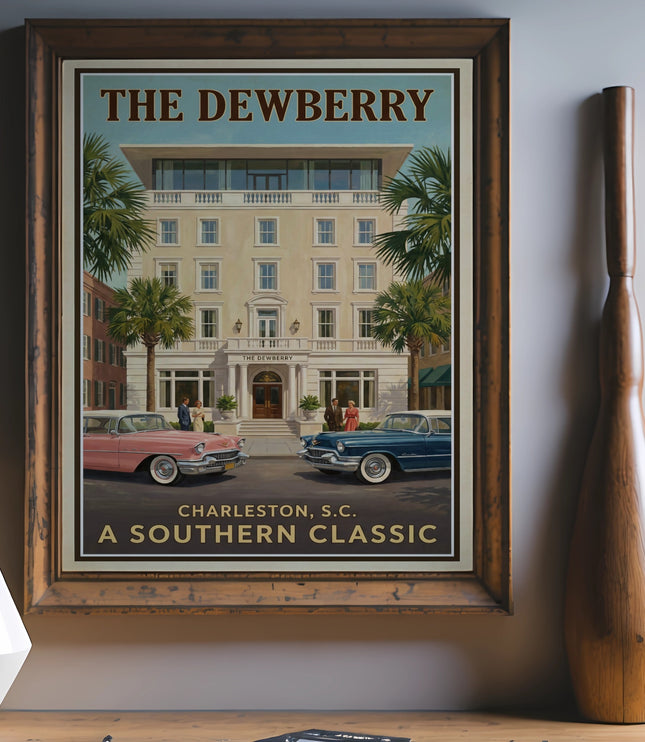 The Dewberry hotel poster featuring vintage cars and the text "Charleston, S.C. A Southern Classic."