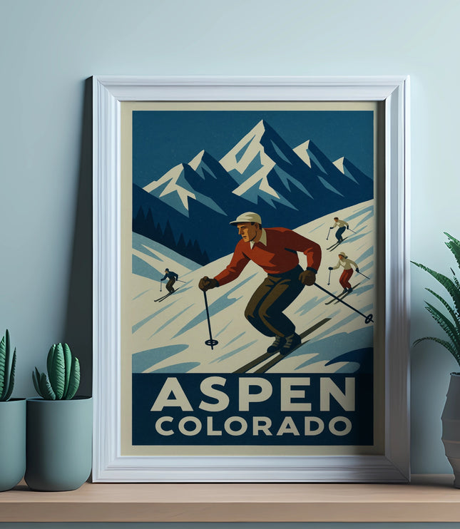 Vintage Aspen Colorado ski poster with skiers on snowy mountains.