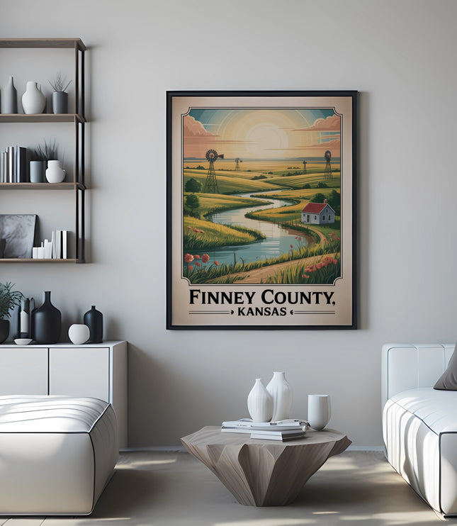 Finney County, Kansas vintage travel poster with windmill and farmhouse.