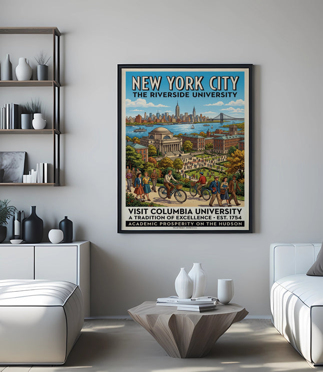 New York City Riverside University vintage poster with skyline and campus scene.