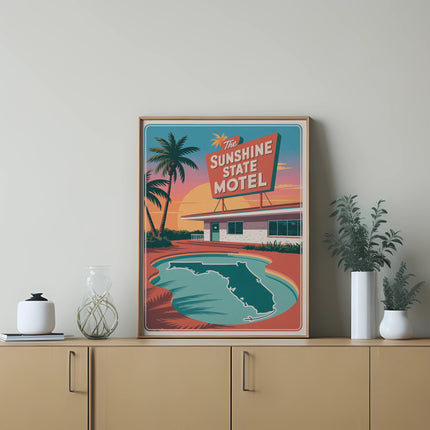Retro Florida postcard art with palm trees and "The Sunshine State" text.