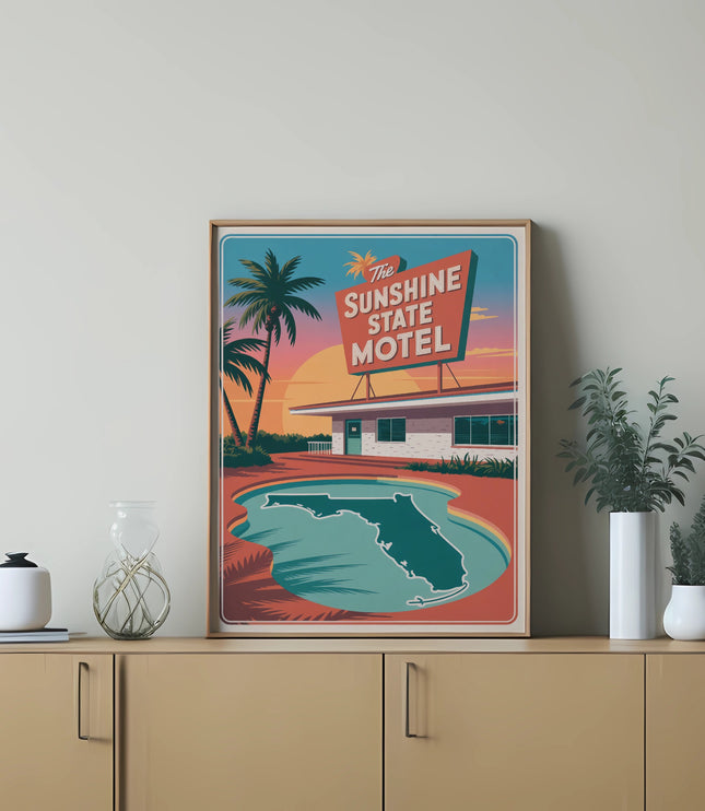 Retro Florida postcard art with palm trees and "The Sunshine State" text.
