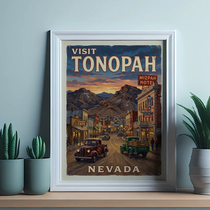 Vintage travel poster for Tonopah, Nevada, featuring a street scene with old cars.