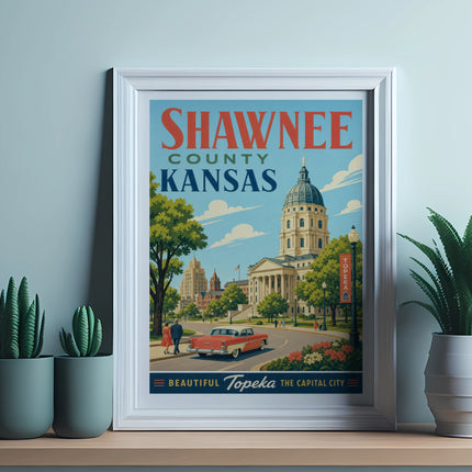 Shawnee County Kansas poster with capitol building, vintage car, and cactus plants.