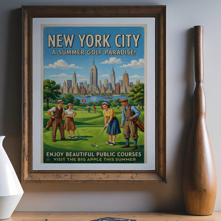 New York City summer golf paradise poster with text and golfers.