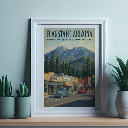 Flagstaff, Arizona framed print depicting Route 66 with mountains and classic trucks.