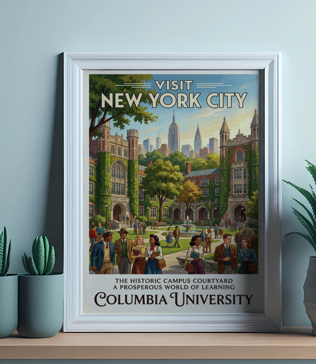 Vintage poster of Columbia University campus in vintage New York City style.