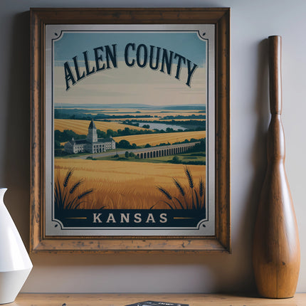 Vintage Allen County, Kansas poster featuring a field, buildings, and bridge.