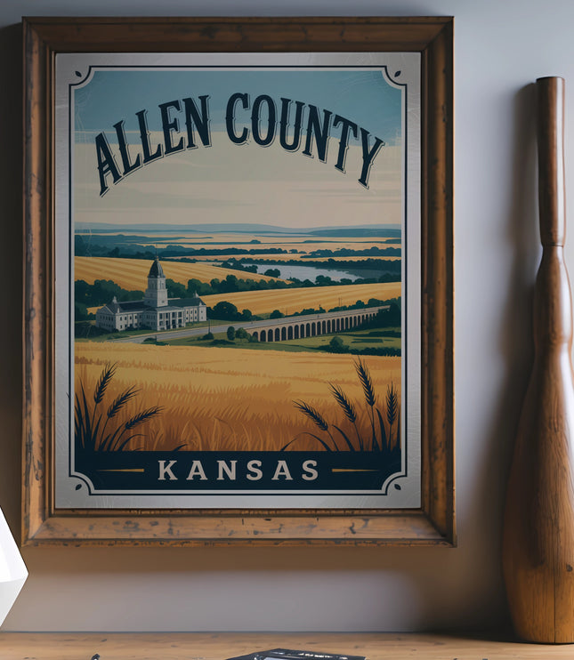 Vintage Allen County, Kansas poster featuring a field, buildings, and bridge.