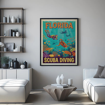 Vintage Florida scuba diving poster with divers and coral reef.