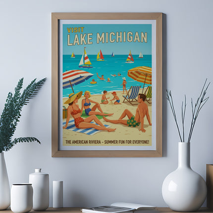 Vintage poster for Lake Michigan featuring a beach scene with people enjoying summer activities.