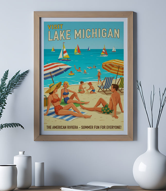 Vintage poster for Lake Michigan featuring a beach scene with people enjoying summer activities.