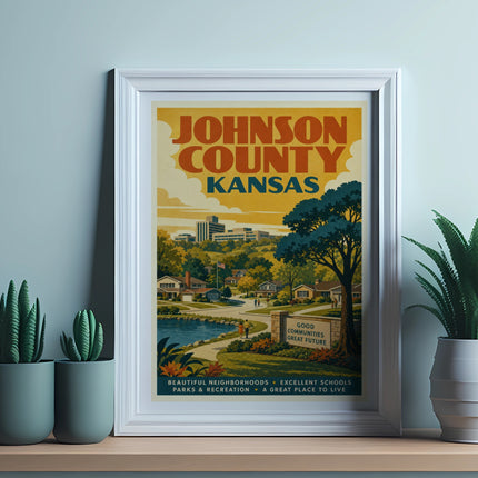 Johnson County Kansas poster with text about communities, schools, and parks.