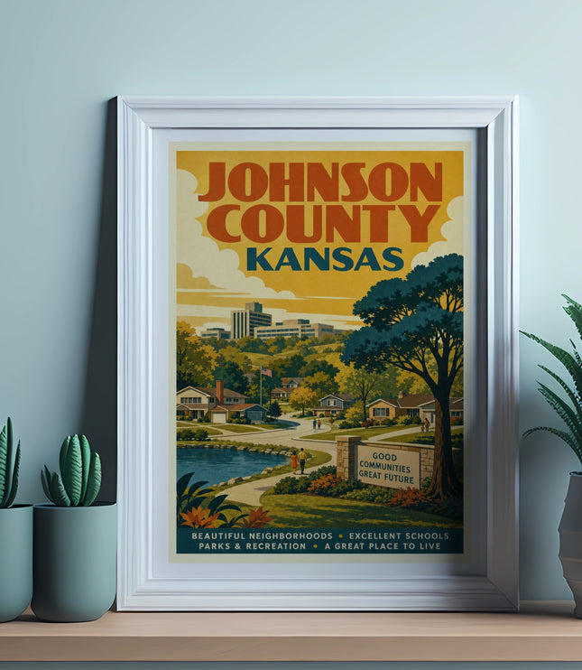 Johnson County Kansas poster with text about communities, schools, and parks.