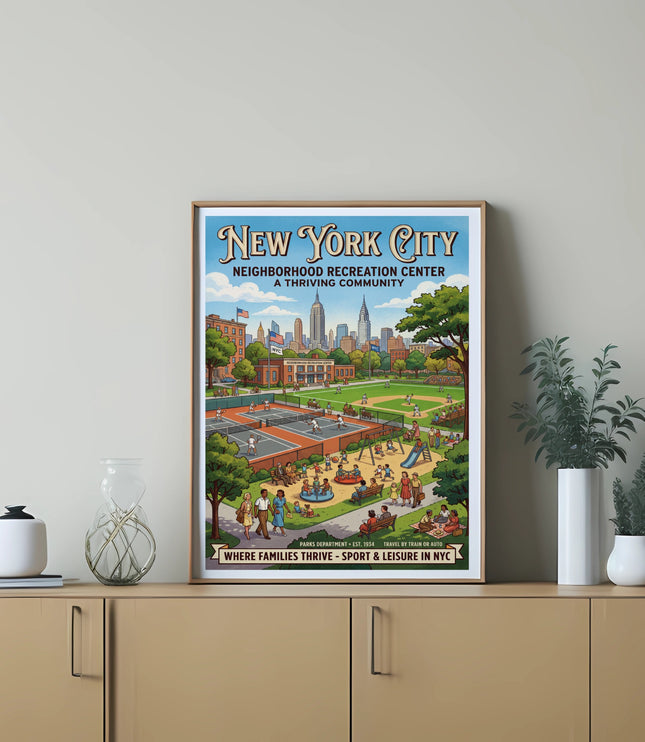 New York City Neighborhood Recreation Center poster showing activities and skyline.