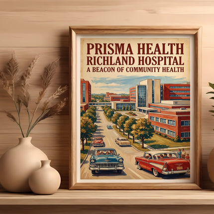 "Prisma Health Richland Hospital" poster with vintage cars and buildings.