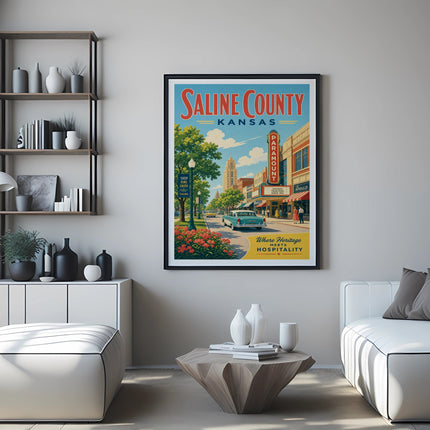 Saline County, Kansas vintage travel poster with Paramount theater and car.